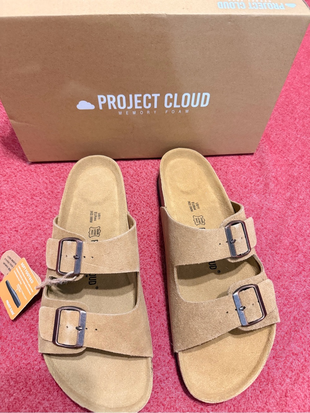 Project Cloud Men's Tan Double-Buckle Memory Foam Slide Sandals